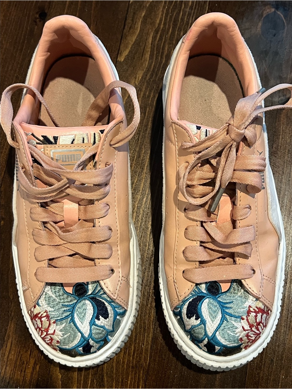 Puma Pink Leather Embroidered Floral Platform Sneakers
